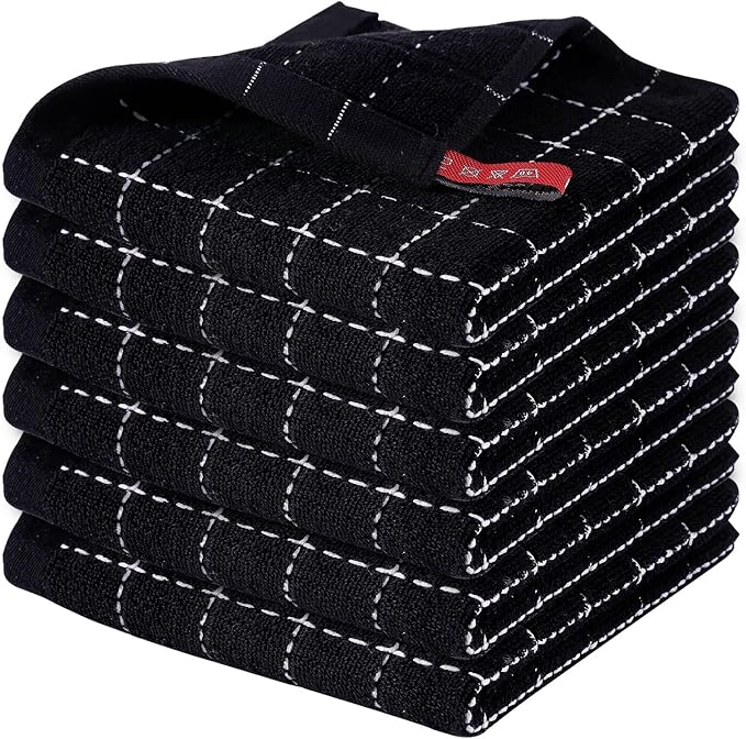 Homaxy 100% Cotton Terry Kitchen Dish Cloths, Ultra Soft and Absorbent Dish Towels for Kitchen, Suitable for Drying and Washing Dishes, 6 Pack, 12 x 12 Inches, Black