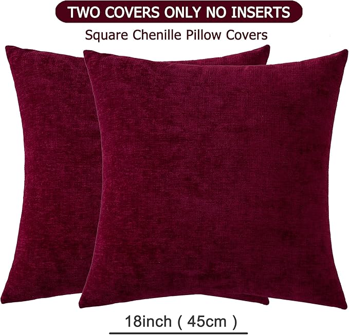 GAWAMAY Decorative Square Throw Pillow Covers 18"x18" Inch Set of 2, Super Soft Chenille Pillows Cover Fall Pillowcase for Living Room Bedroom Sofa Couch Cushion Cover Burgundy Red 45x45cm