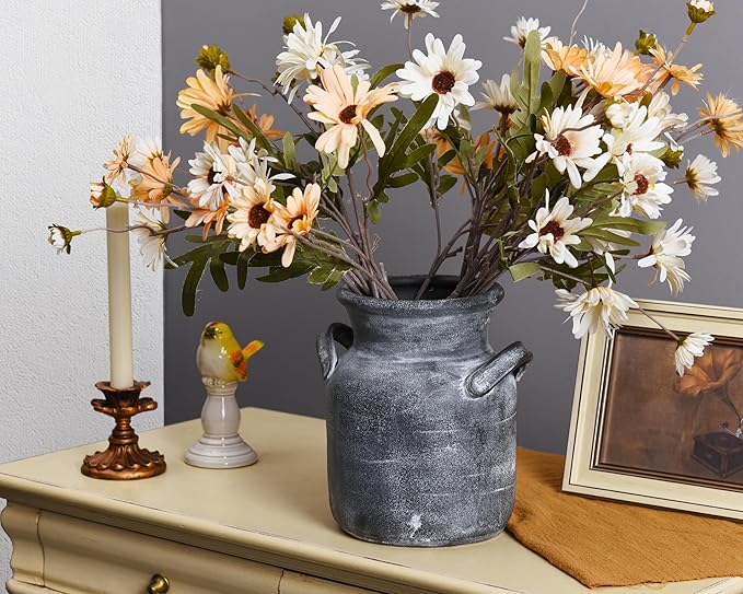 Quoowiit Ceramic Rustic Farmhouse Vase, Distressed Decorative Flower Vases for Home Decor, Ideal Shelf Decor, Grey Boho Vase for Living Room Bedroom Kitchen Office Centerpiece Table Decorations