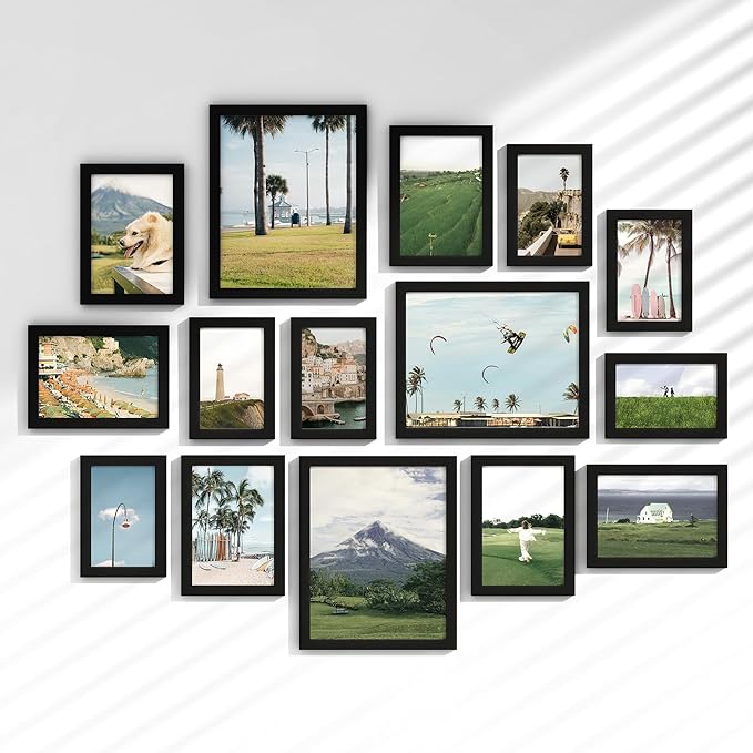15 Pack Picture Frames Collage Wall Decor, Gallery Frame Set for Wall Mounting or Tabletop Display, Multi Sizes Including 3pcs 8x10, 6pcs 5x7, 6pcs 4x6, Black