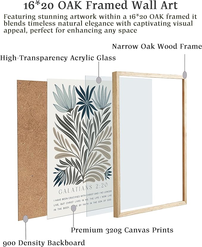 EcoHest Christian Bible Verse Floral Framed Wall Art, Large 16x20 in OAK Wood Boho Abstract Flowers Canvas Wall Art, Galatians 2:20 Home Decor, Beige Logs Christ Set of 1 for Bedroom Living Room