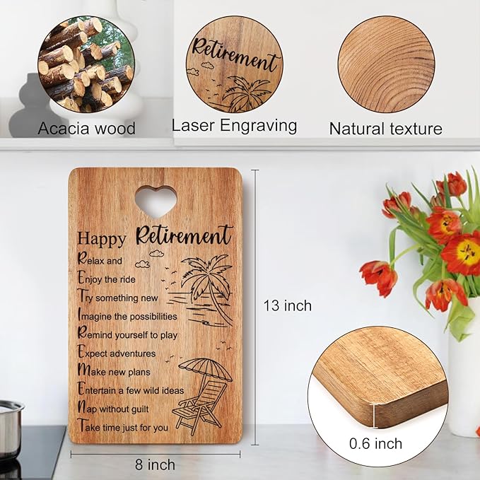Retirement Gift for Women Men Acacia Wooden Cutting Board Retired Gift Funny Farewell Gift for Coworker Teacher Boss Nurses Friend Mom Ladies Happy Retirement Gift Wood Engraved Board Going Away Gift