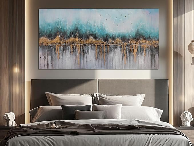 Ardemy Teal Abstract Canvas Wall Art for Living Room Landscape Painting Bedroom Turquoise Grey Panoramic Textured Picture Artwork Framed, Wall Art for Men Home Office Wall Decor Large 48"x24"