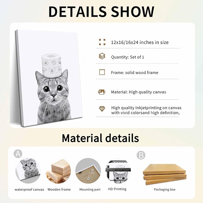 Funny Bathroom Wall Art, Cute Black and White Cat Canvas Wall Decor, Humor Toilet Paper Prints Bathroom Decor, Adorable Animal Picture Paintings Poster Toilet Signs 12x16 inch Framed