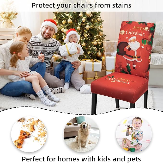 Christmas Chair Covers for Dining Chairs, Dining Room Chair Covers Set of 4, Stretch Parsons Chair Slipcovers, Removable Washable kitchen Chair Cover for Home Hotel Banquet Holiday Decoration