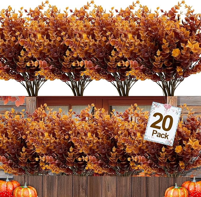 20 Bundles Artificial Fall Flowers for Outdoors Fall Decorations - UV Resistant Fake Mums Faux Plant Plastic Flowers Gardens Porch Fireplace Home Indoor Autumn Thanksgiving Decor(Brown Eucalyptus)
