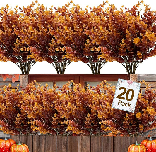 20 Bundles Artificial Fall Flowers for Outdoors Fall Decorations - UV Resistant Fake Mums Faux Plant Plastic Flowers Gardens Porch Fireplace Home Indoor Autumn Thanksgiving Decor(Brown Eucalyptus)