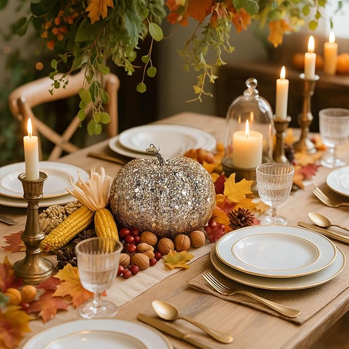 DomeStar Artificial Glitter Pumpkin, Gold Faux Pumpkin Harvest Table Centerpiece for Fall, Halloween & Thanksgiving Decorations