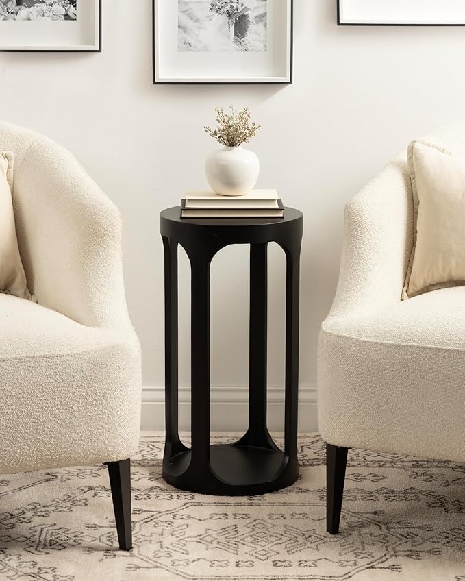 Kate and Laurel Dahl Modern Slatted Wooden Round Drink Table; 12 x 23; Black; Transitional Wood Accent Pedestal Table for Use as Living Room Plant Stand or Small Bedroom Nightstand