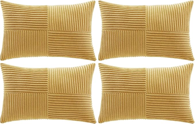 Fancy Homi 4 Packs Mustard Yellow Lumbar Decorative Throw Pillow Covers 12x20 Inch for Living Room Couch Bed, Rustic Farmhouse Boho Home Decor, Soft Striped Corduroy Rectangle Accent Cushion Case