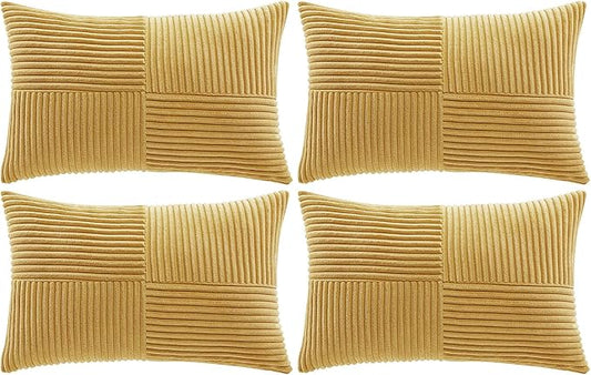 Fancy Homi 4 Packs Mustard Yellow Lumbar Decorative Throw Pillow Covers 12x20 Inch for Living Room Couch Bed, Rustic Farmhouse Boho Home Decor, Soft Striped Corduroy Rectangle Accent Cushion Case