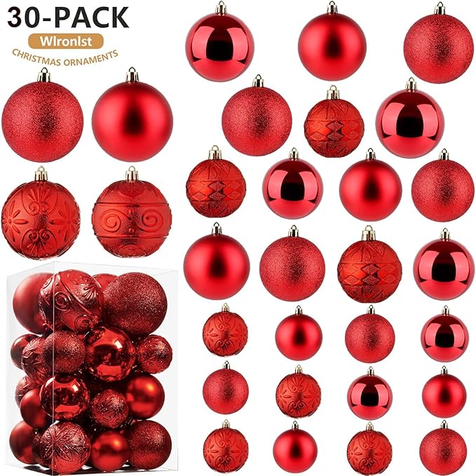 Wironlst Christmas Ball Ornaments - 30pcs Shatterproof Plastic Christmas Ornaments Hanging Ball Decorations for Xmas Tree, Holiday, Wedding, Party (Multi-Size, Red)
