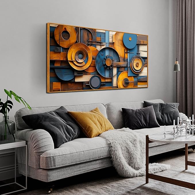 Abstract Paintings Wall Art for Living Room - Blue and Yellow Canvas Wall Decor for Office - Framed Wall Art Large Modern Size 29" x 59"