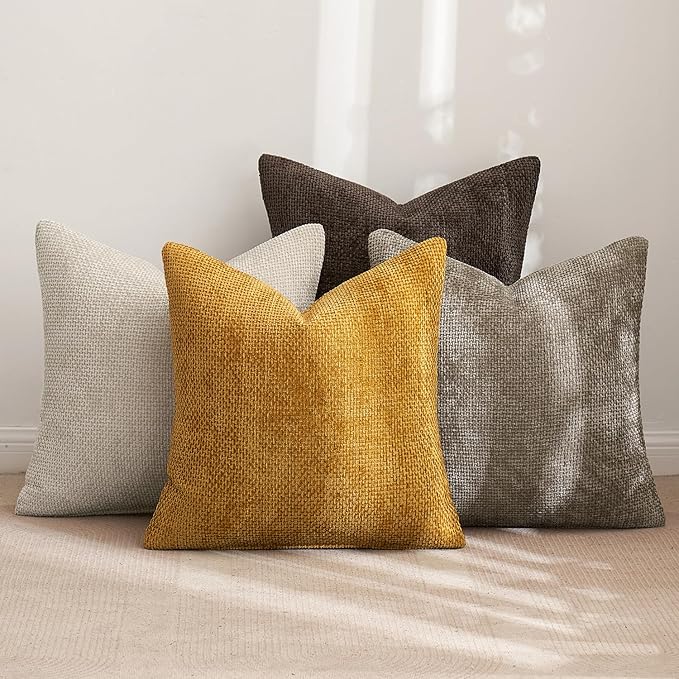 MIULEE Pack of 4 Couch Throw Pillow Covers 20x20 Inch Neutral Gold/Brown Soft Decorative Chenille Pillow Covers Farmhouse Accent Cushion Covers for Boho Home Decor Sofa Bedroom Living Room