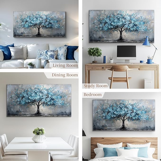 crmotu Tree of Life Large Wall Art, Cherry Blossom Canvas Oil Paintings, Abstract Blue Tree Art Prints, Teal Modern Home Wall Decor Living Room Bedroom Pictures, Neutral Office Decor Artwork 20"X40"