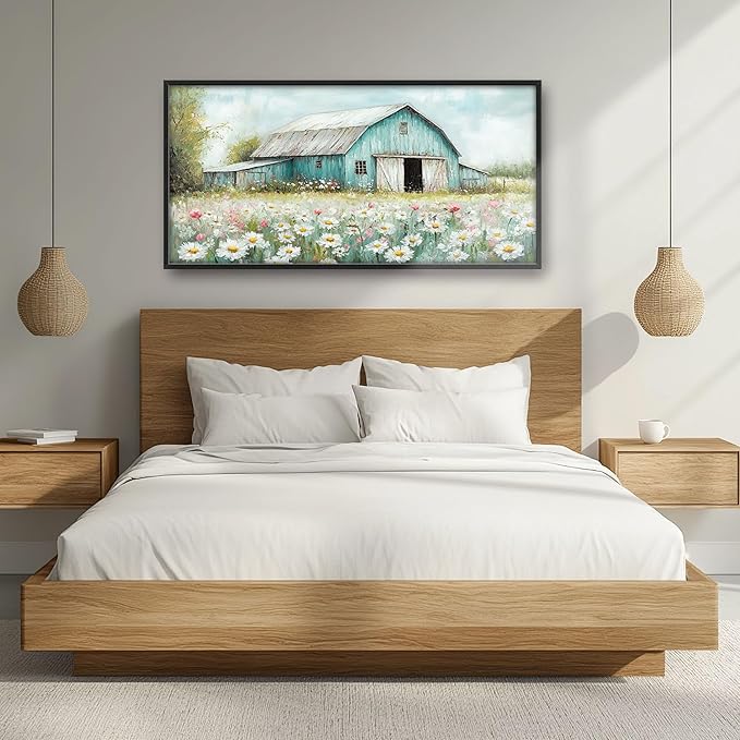 Farm Barn Large Wall Art for Living Room Framed, Farmhouse Wall Decor Pictures, Teal Barn Canvas Print Painting, Aesthetic Artwork Bedroom Office Home Decor 60"x30"