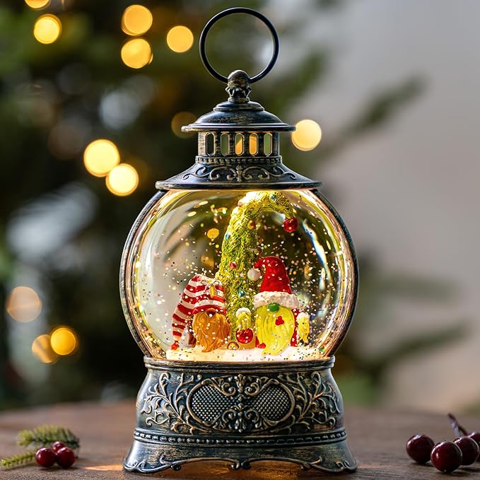 Christmas Snow Globe Lighted Gnomes Santa Elf Christmas Tree Scene, Musical Snow Water Lantern Swirling Glittering Home Decoration and Gift, Battery Operated or USB Powered