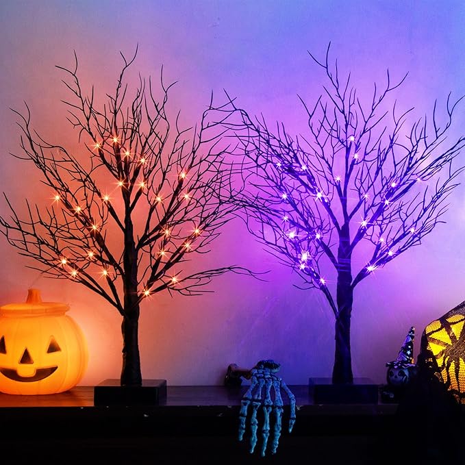 PEIDUO Halloween Decorations Indoor, Black Halloween Tree with 24 Dual-Color Orange & Purple Lights, Light Up Halloween Trees with Timer for Indoor Home Tabletop Desk Decor (2PK)