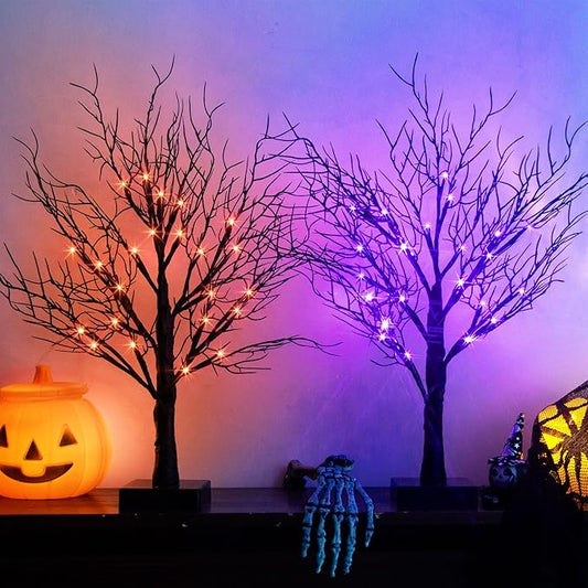 PEIDUO Halloween Decorations Indoor, Black Halloween Tree with 24 Dual-Color Orange & Purple Lights, Light Up Halloween Trees with Timer for Indoor Home Tabletop Desk Decor (2PK)