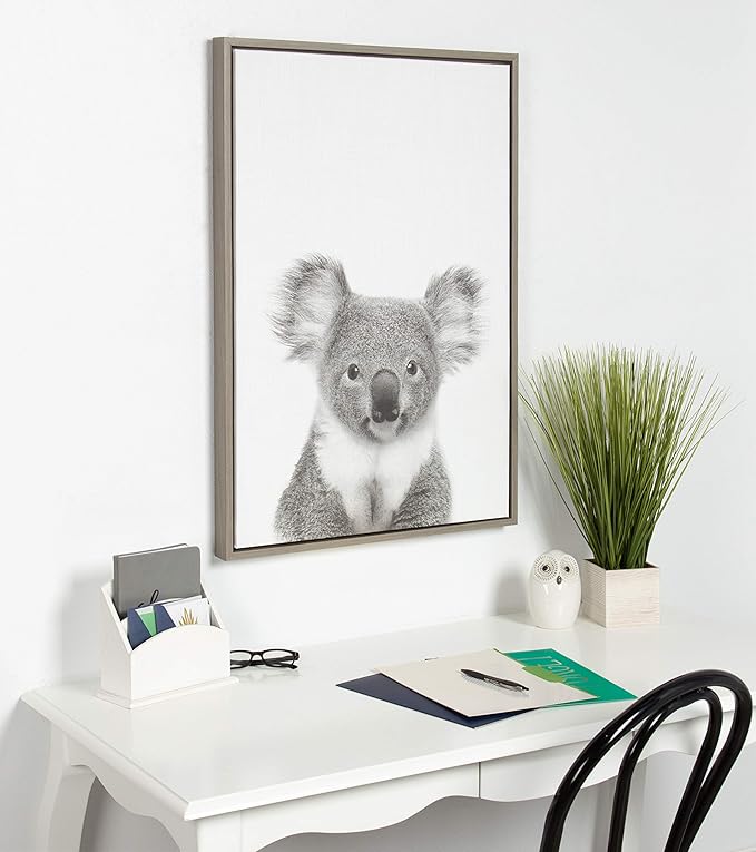 Kate and Laurel Sylvie Koala Animal Print Black and White Portrait Framed Canvas Wall Art by Simon Te Tai, 23x33 Gray