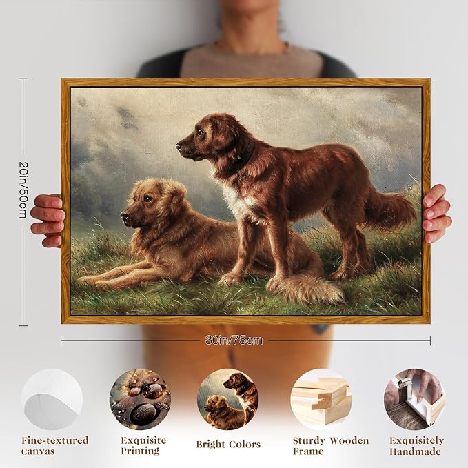 crmotu Framed Wall Art Prints, Still Life Dogs Vintage Decor Paintings, Meadow Golden Retriever Animal Canvas Pictures, Retro Rustic Home Decor Living Room Bedroom Kitchen Aesthetic Artwork 20x30in