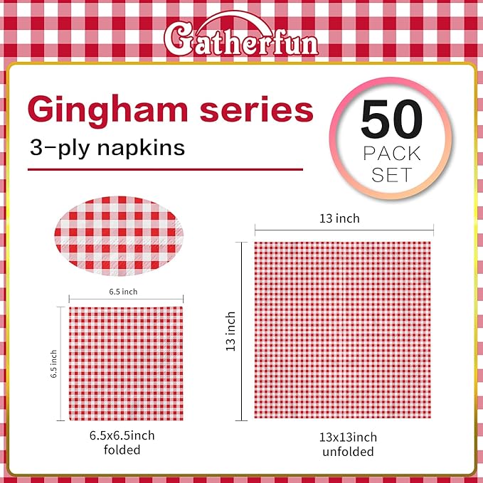 Gatherfun Disposable Red and White Gingham Paper Napkins (Pack of 50)