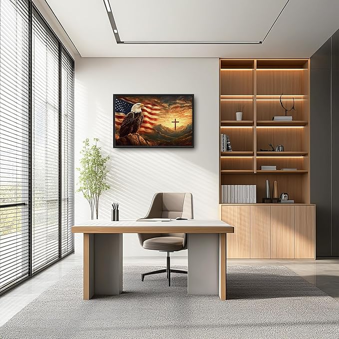 Framed Large Wall Art for Living Room, Bald Eagle American Flag Canvas Wall Decor, Large Christian Cross Picture Framed Painting, Modern Artwork for Bedroom Office 36L'' × 24W''