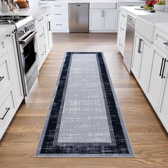 Ottomanson Hallway Runner Rug 2'7" x 9'10" Non Slip Border Area Rugs Easy to Clean Laundry Rug Runner Durable & Pet Friendly Floor Carpet Runners for Hallways Entryway Living Room Kitchen, Gray/Navy