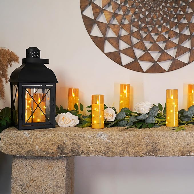 Raycare Flameless LED Candles with Embedded Star String, 9 Pcs Battery Operated Acrylic Pillar Candles with Timer and Remote, Flickering Candle for Romantic Ambiance and Home Decoration(Glod)