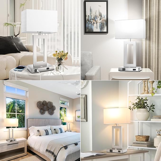 3 Color Temperatures Touch Control Table Lamps Set of 2, Stepless Dimmable Bedside Lamps with 2 USB Ports&AC Outlet, Modern Nightstand Lamps for Bedroom Living Room, Bulbs Included, Silver&White