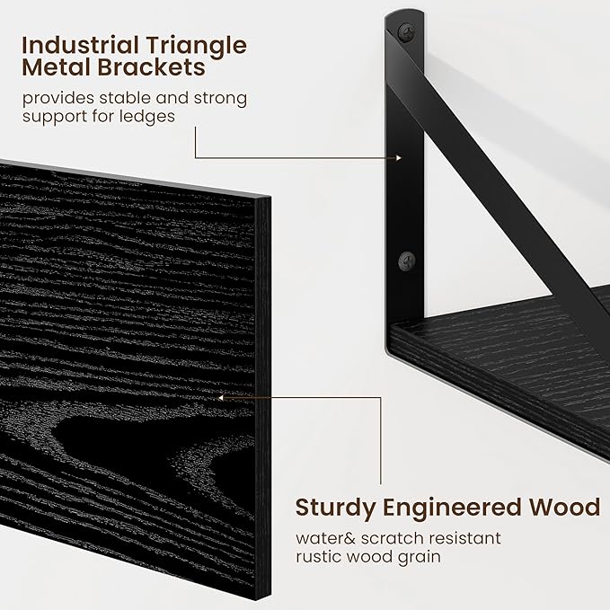 Fun Memories Floating Shelves for Wall, 12 Inch Deep Floating Shelves Set of 2, 48W x 12D Large Wall Shelf with Sturdy Metal Brackets for Living Room, Bathroom, Bedroom and Kitchen, Black