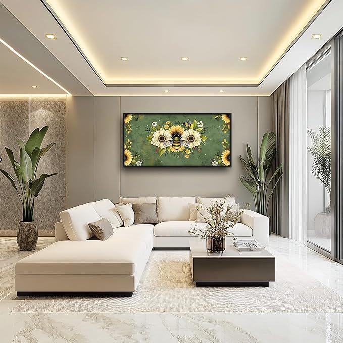 Flintis Large Bee Wall Art Bee Sunflower Pictures Wall Decor Abstract Animal Canvas Painting Print Artwork Decoration Framed for Living Room Bathroom Master Bedroom Office Dining Room 60L x 30W