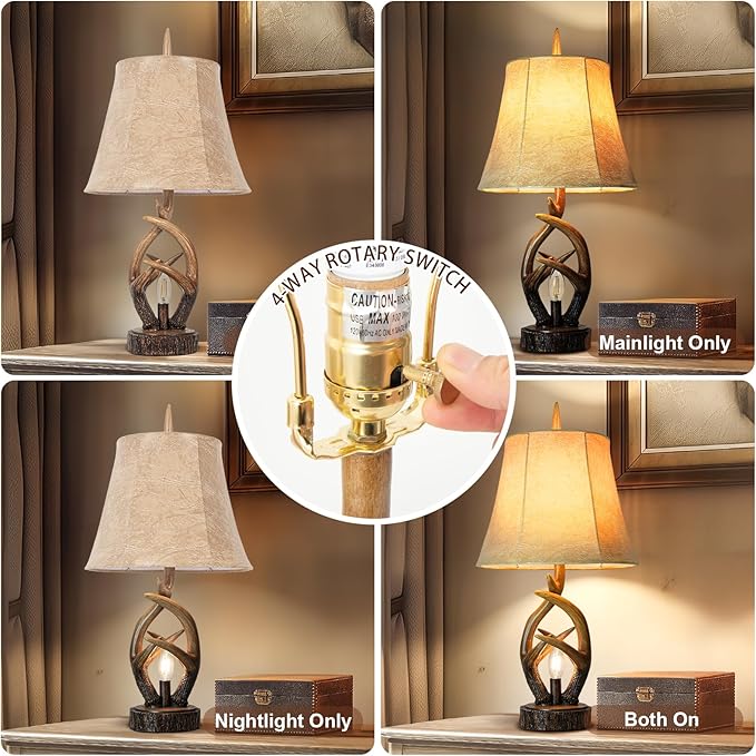 Scenekoy Rustic Farmhouse Antlers Bedside Table Lamp Set of 2 with Nightlight Dual USB Ports Leather Soft Bell Shade Brown Finish nightstand Lamp Decor for Living Room Bedroom Office House Hotel