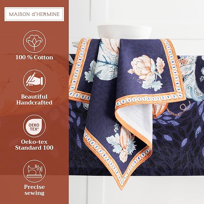 Maison d' Hermine Cloth Napkins Set of 4 100% Cotton Everyday Reusable Square Napkins Cloth Washable, Dinner, Party, Wedding, Restaurant (Pumpkin Blues, 20" x 20")