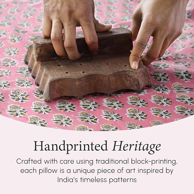 CPC 100% Cotton Throw Pillow Covers 18x18 Inch, Set of 2 Green Block Print Pattern Couch Pillow, Cute Boho Decorative Pillows for Living Room, Bedroom with Hidden Zipper- Poppy Pink