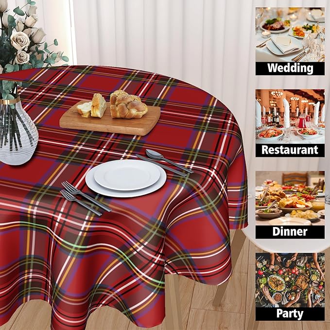 Christmas Round Tablecloth 60 Inch Red Buffalo Plaid Tablecover Merry Christmas Table Cloth Holiday Tablecloth for Home Kitchen Dining Room Party Dinner Picnic Decor