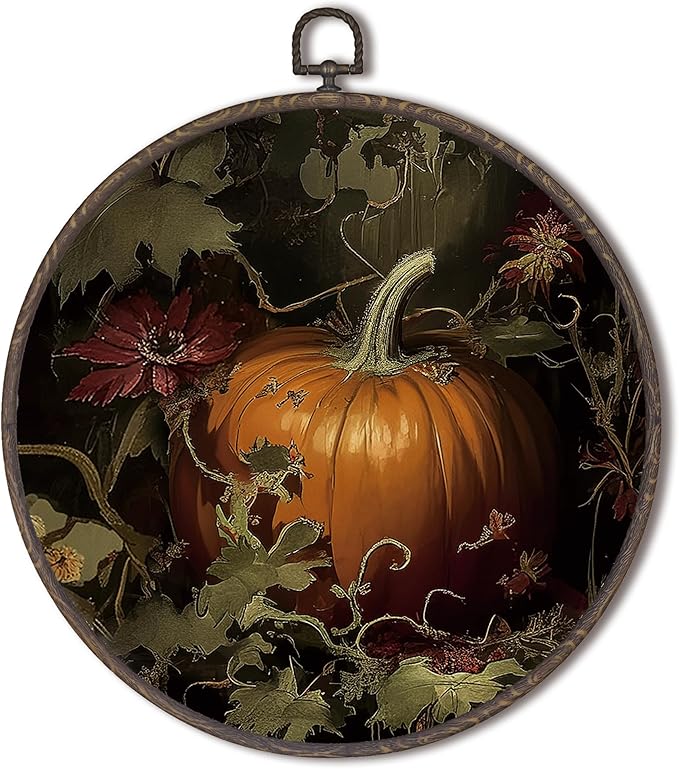 XNXLDYLH Vintage Fall Pumpkin Round Framed Wall Art Decor, Dark Cottagecore Antique Hanging Wall Decor Decorations, Dark Academia Fall Autumn Canvas Prints Wall Art Paintings for Living Room, 10x10In
