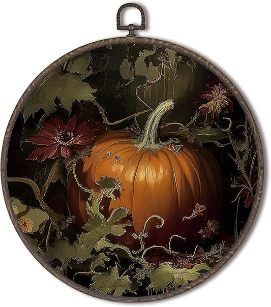 XNXLDYLH Vintage Fall Pumpkin Round Framed Wall Art Decor, Dark Cottagecore Antique Hanging Wall Decor Decorations, Dark Academia Fall Autumn Canvas Prints Wall Art Paintings for Living Room, 10x10In