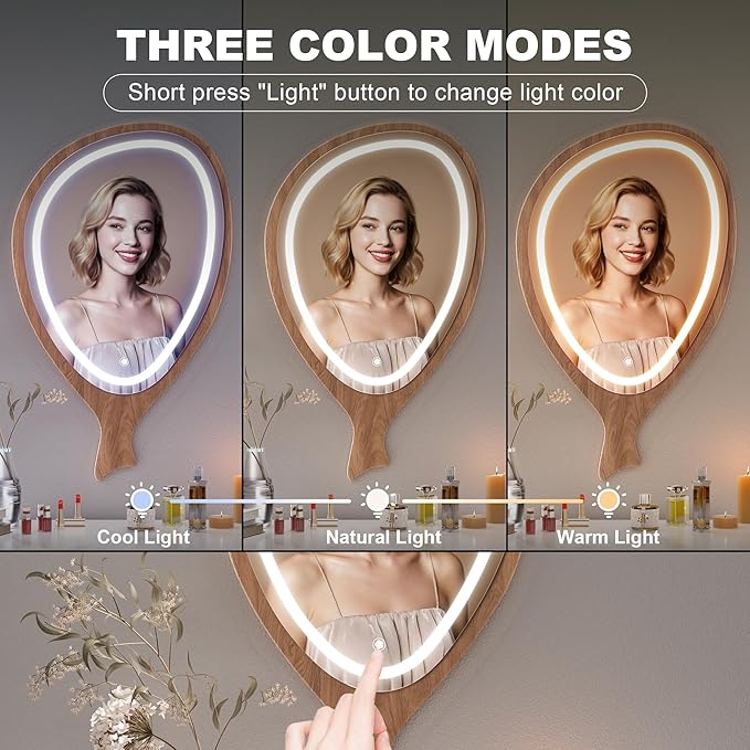 LED Wall Mirror Irregular Asymmetrical Wall Mirror for Living Room Bathroom Entryway, Modern Decorative Mirror Hanging (Hook Style, 30'' x 18''Walnut