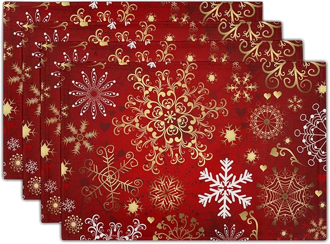 Red Snowflake Placemats 12×18 Inches Set of 4 Holiday Indoor Kitchen Dining Table Place Mats for Home Party Decoration