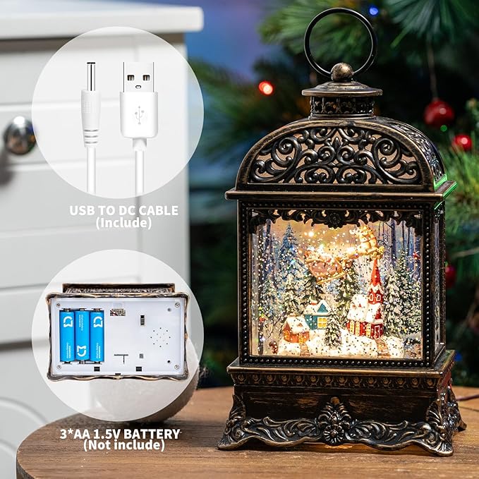 Christmas Snow Globe Lighted Flying Santa Scene, Musical Snow Water Lantern Swirling Glittering Home Decoration and Gift, Battery Operated or USB Powered