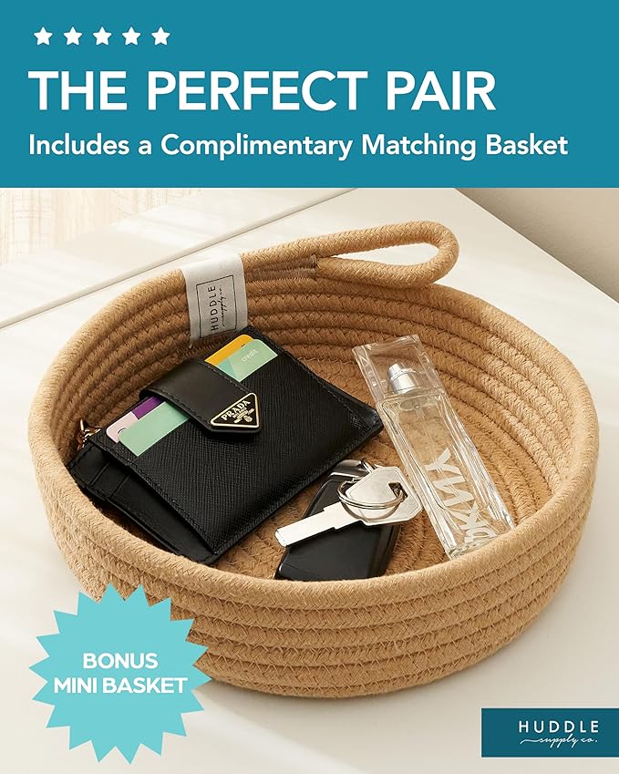 XXXXL WASHABLE Blanket Basket Living Room Boho 24" x 17" 2PCs Toy Baskets Woven Rope Basket for Blankets,Pillows,Throws,Laundry + Small Tray | Woven Storage Wicker (Black & Brown)