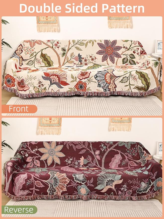 Boho Throw Blanket for Bed Couch Sofa Reversible Cotton Bohemian Travel Quilt Mexican Muslin Blanket Tapestry Hippie Room Decor Outdoor Blanket Double Sided (Boho Flower Dark 4 60"x80")