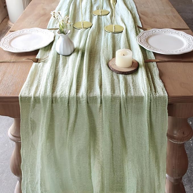 FEXIA Table Runner Sage Green Cheesecloth Table Runner 30x118 Inches for Baby Shower Decorations Spring Easter Decor Rustic Gauze for Wedding Bridal Shower First Communion Home Decor