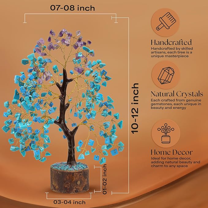 Turquoise & Amethyst Gemstone Tree with 2 Chakra Pendants, Crystal Tree, Birthday Gifts for Women, Fake Plants Home Decor, Crystals and Healing Stones, Office Desk Accessories, Room Decor 10-12"