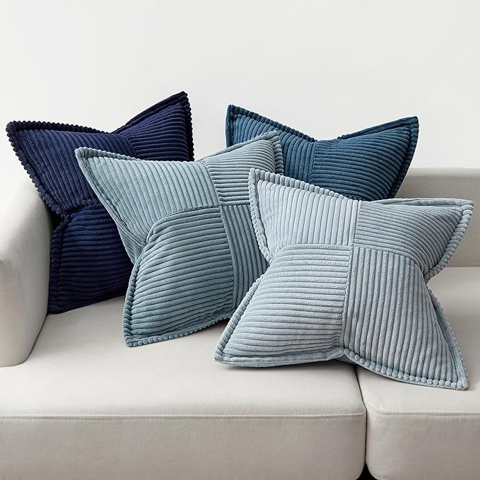 MIULEE Dusty Blue Navy Throw Pillow Covers 16x16 Inch 4 Packs Soft Boho Decorative Gradient Series Pillow Cases Farmhouse Euro Cushion Covers for Couch Sofa Bed Corduroy Striped Home Decor