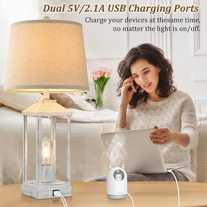 28" Farmhouse White Table Lamps for Living Room, 3-Way Dimmable Besides Nightstand Set of 2 Touch Control with USB Ports, Rustic Modern Vintage Retro Lamps for Bedroom, Home, Office, 4 Bulbs Included
