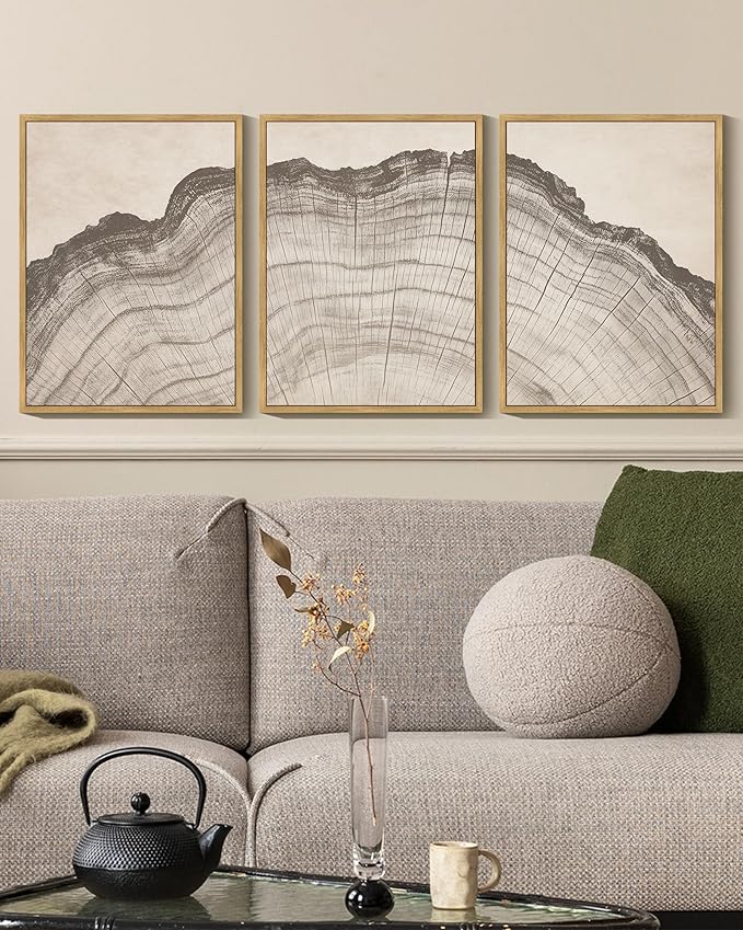 KUVIOKE Boho Vintage Antique Tree Wall Art Framed Neutral Retro Tree Rings Wood Prints Rustic Nature Illustrations Bedroom Living Room 11x14in (Natural Framed)