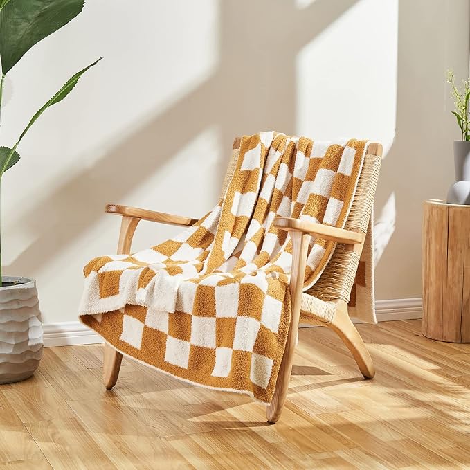 CozeCube Checkered Blanket, Ultra Soft Cozy Orange and White Throw Blanket, Warm Cozy Knit Fuzzy Plush Checkerboard Throw for Couch Bed Sofa, 60"x80"