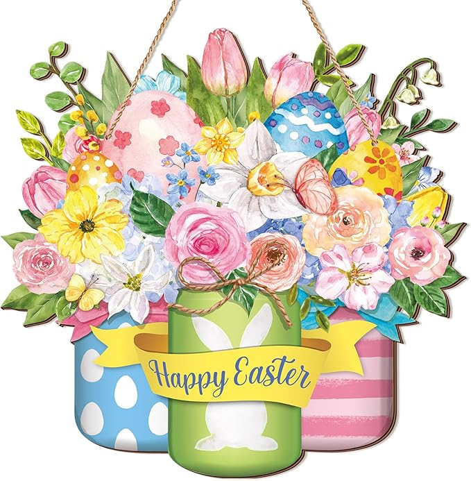 Spiareal Easter Wooden Hanging Door Sign - Floral Spring Decor for Front Door, Indoor/Outdoor Rustic Easter Party